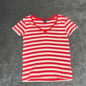 Ralph Lauren Sport Womens Red White Stripe V Neck T Shirt Tee Top XL